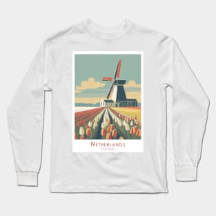 Vintage Retro Minimalistic Netherlands Tulip Fields Poster Long Sleeve T-Shirt